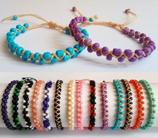 Bracelets with multicolor beads, waxed thread