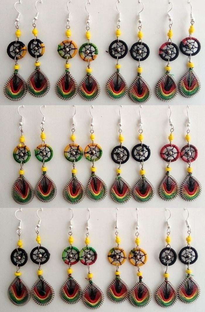 Rasta earrings with dreamcatcher and thread teardrop