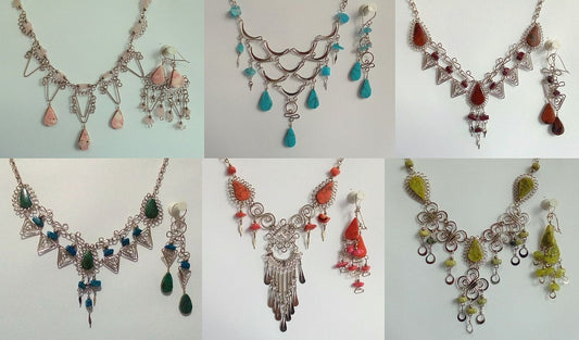 Six handmade jewelry sets of necklace and earrings, made with stones and alpaca in Peru