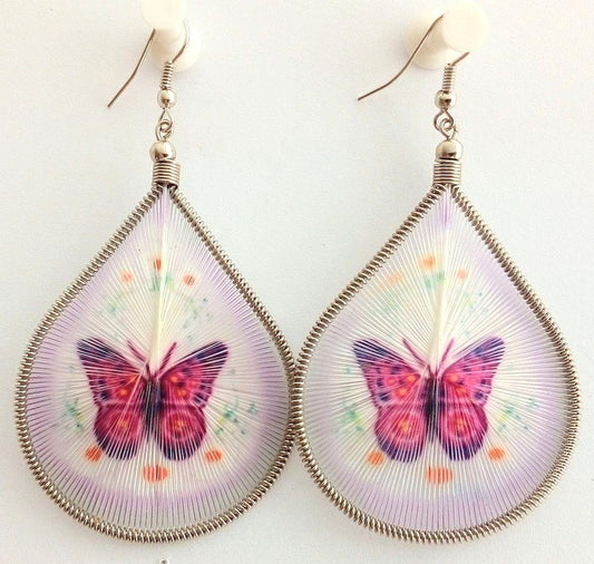 Thread Earrings, Stamped with pink Butterflies