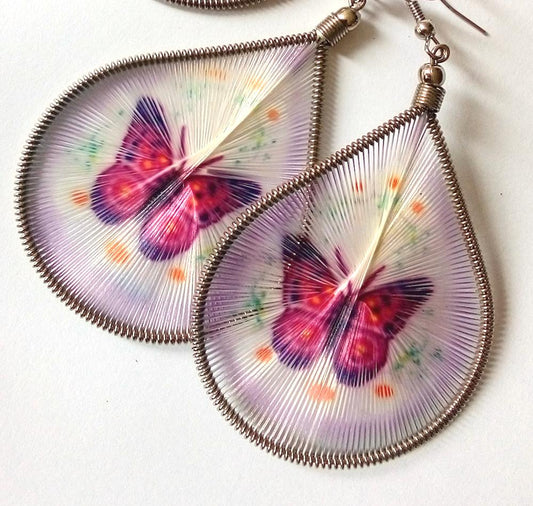 Thread Earrings, Stamped with pink Butterflies