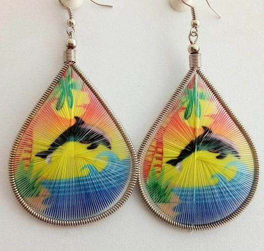Thread Earrings, Stamped with Dophins
