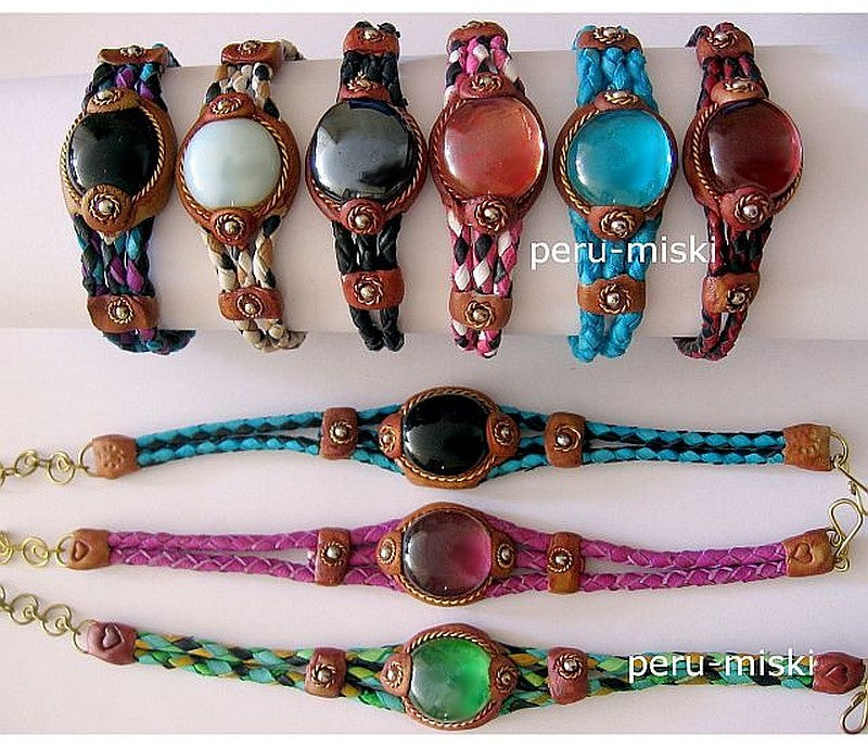 Leather and Gem Glass Bracelets, 25 to 100 pcs