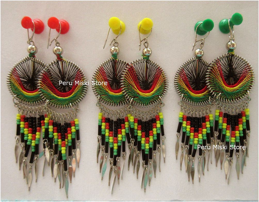Thread earrings, rasta, with dangles