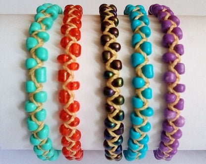 Bracelets with multicolor beads, waxed thread