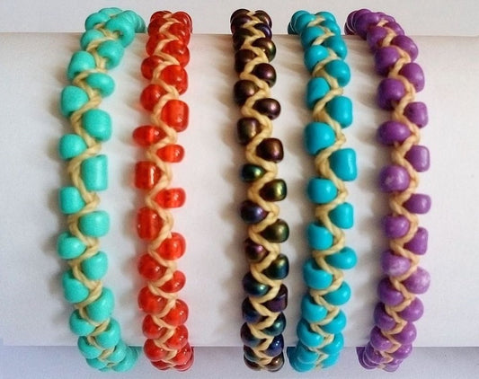Bracelets with multicolor beads, waxed thread