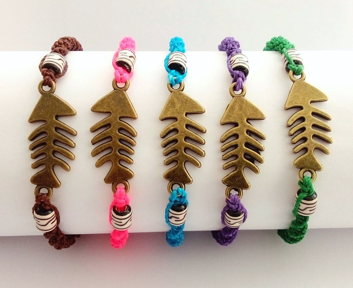 Bracelets or anklets, fish bone charms, waxed thread