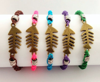 Bracelets or anklets, fish bone charms, waxed thread