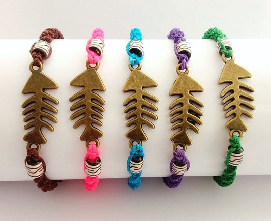 Bracelets or anklets, fish bone charms, waxed thread