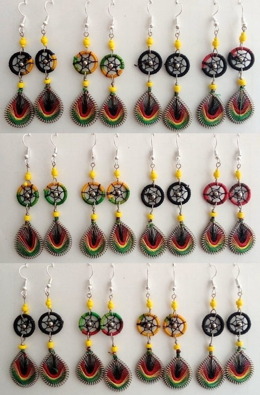 Rasta earrings with dreamcatcher and thread teardrop