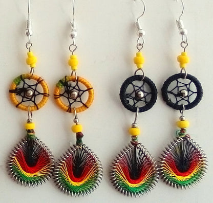 Rasta earrings with dreamcatcher and thread teardrop