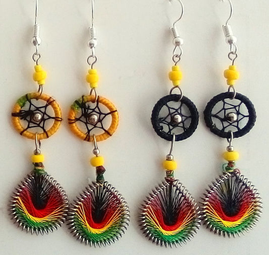 Rasta earrings with dreamcatcher and thread teardrop