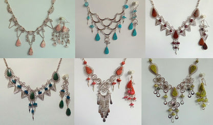 Six handmade jewelry sets of necklace and earrings, made with stones and alpaca in Peru
