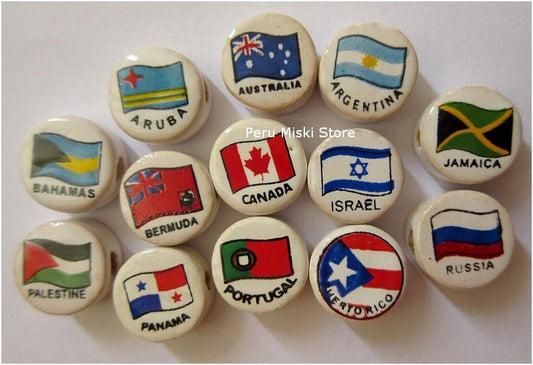 Ceramic Clay Beads, round 14mm, with country's flags