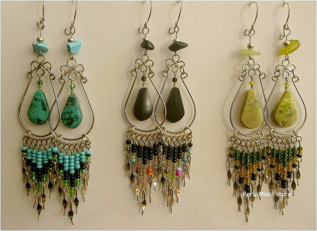 Alpaca Earrings with stones and colorful seed beads