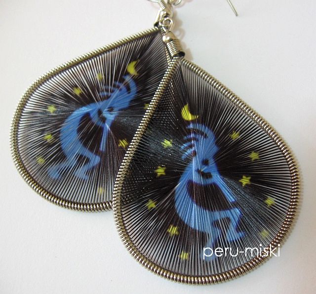 Thread Earrings, Stamped, Kokopelli design