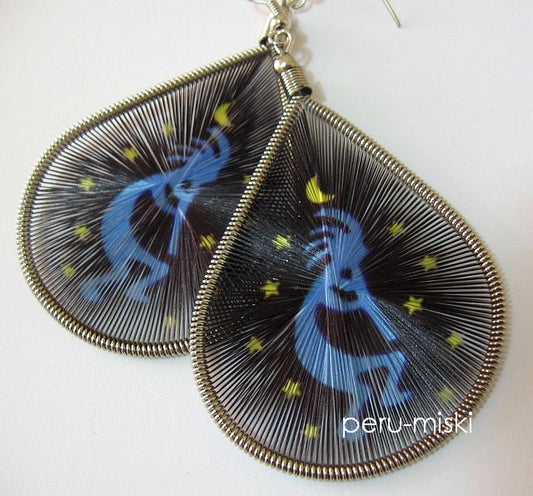 Thread Earrings, Stamped, Kokopelli design